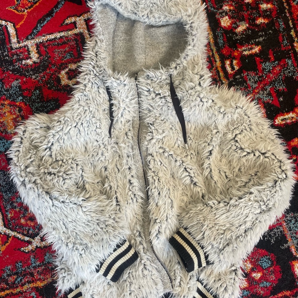 Free People Gray Fuzzy Hooded Jacket